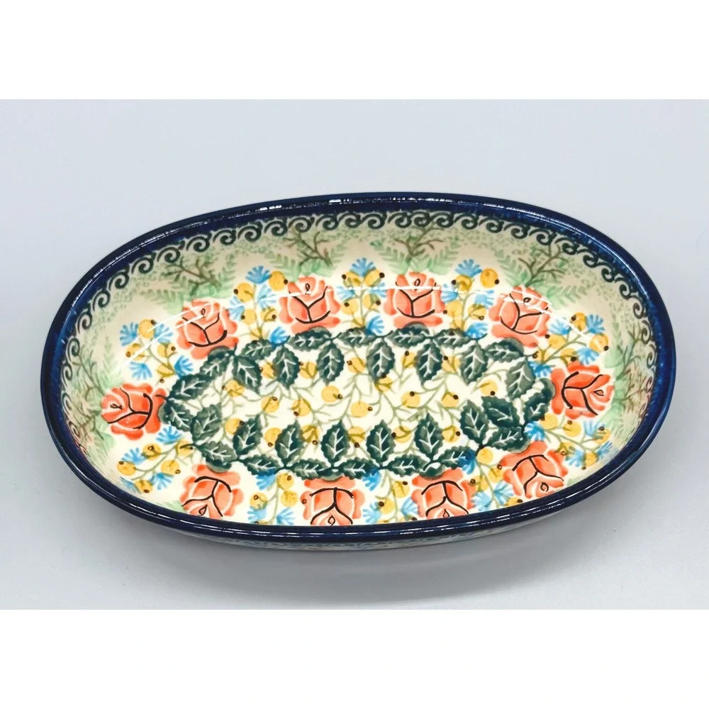 Polish Pottery Unikat Oval Baker Dish Floral 7.5 inch J Okraska 1699